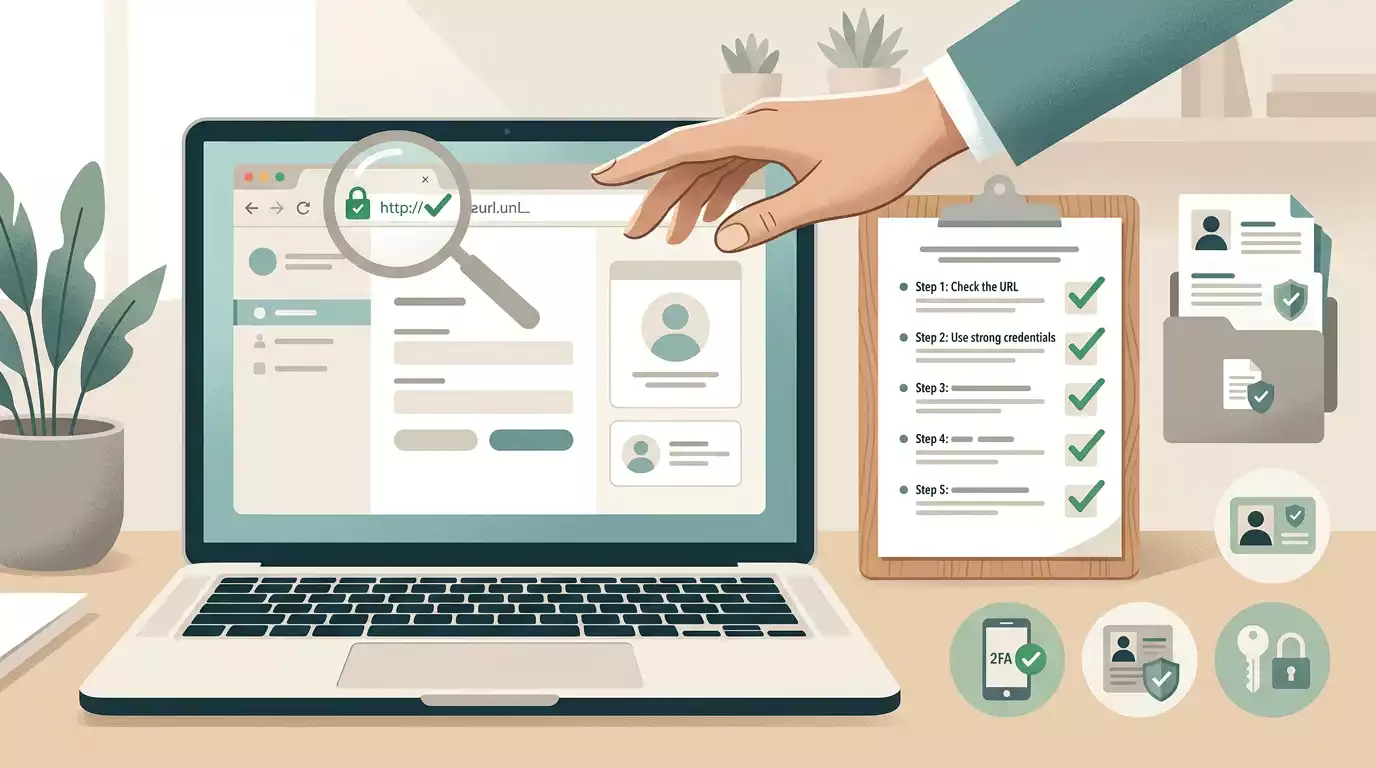 Secure account checklist showing login, identity verification and domain checks