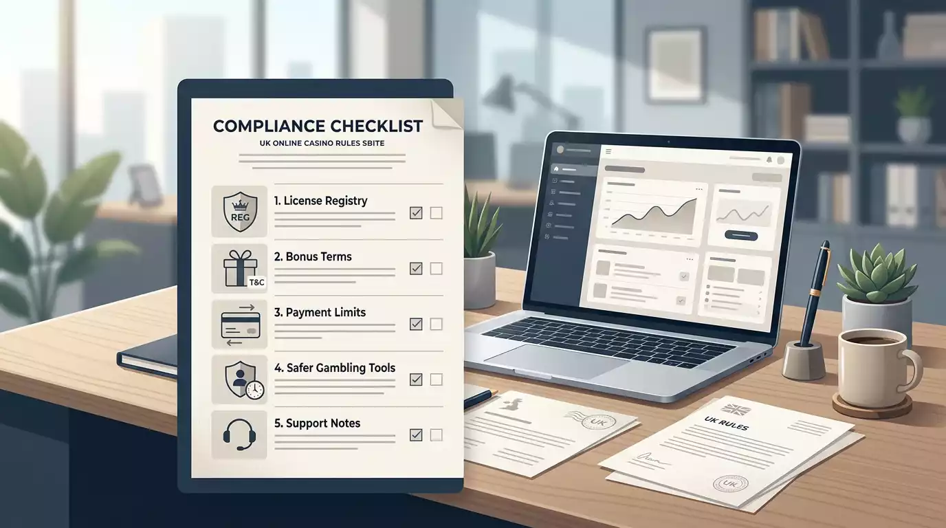 Neutral UK casino rules checklist with licence bonus payment and support symbols